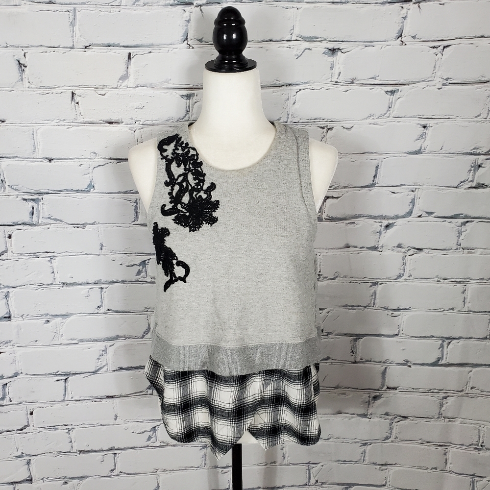 Derek Lam 10 Crosby Gray Sleeveless Top with Floral Applique and Plaid